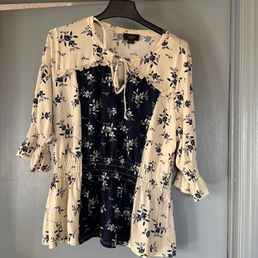Belldini Floral Retro Women's Pullover Top Ruffles 3/4 Sleeves sz 2X Ruched